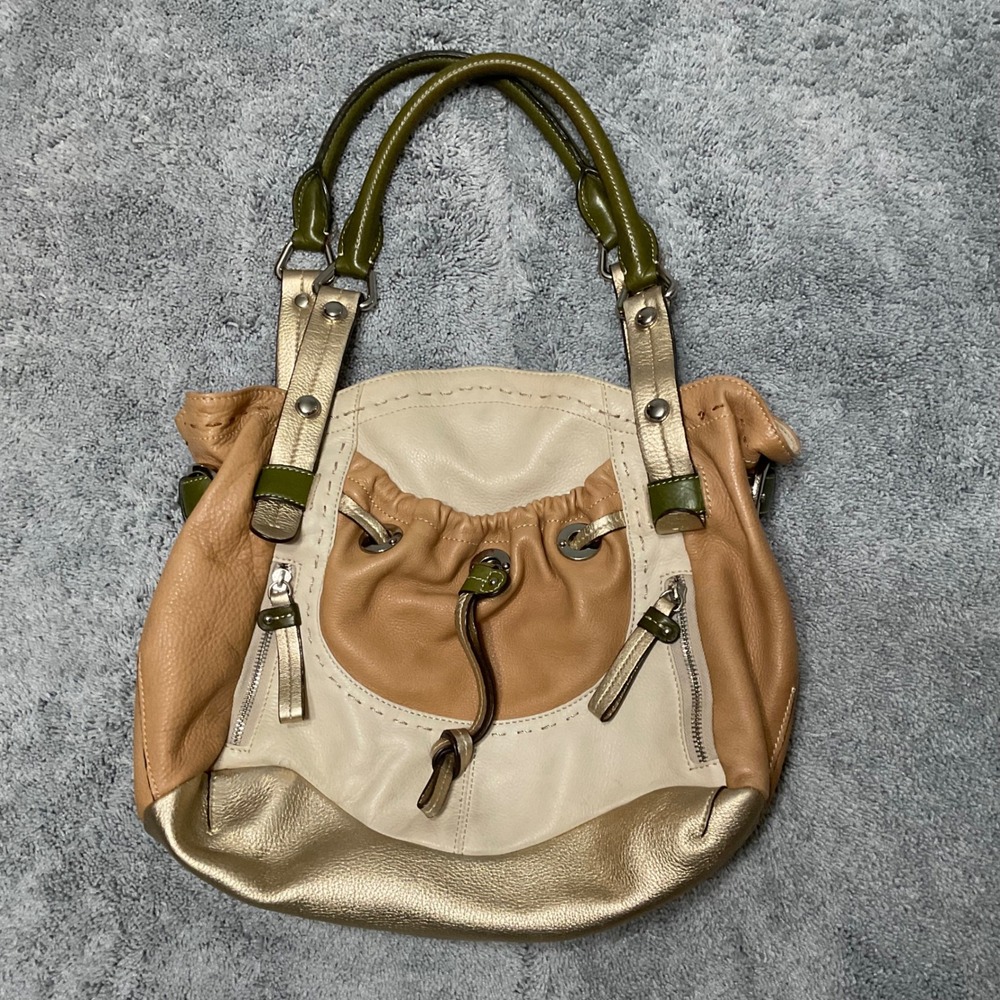 B. Makowsky Y2K Leather Hobo Bag Metallic Gold Cream Olive Green Leopard Lining